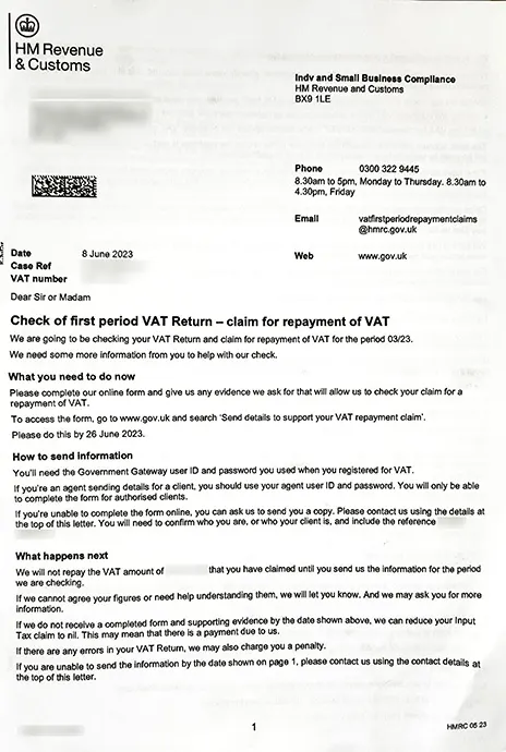 HMRC VAT - Check of VAT return - Claim for repayment of VAT | Debitam