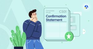 Infographic showing UK confirmation statement deadline, 2026 filing fees, and consequences of not filing with Companies House